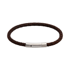 Unique & Co Mens Dark Brown Leather Bracelet with Polished Steel Clasp