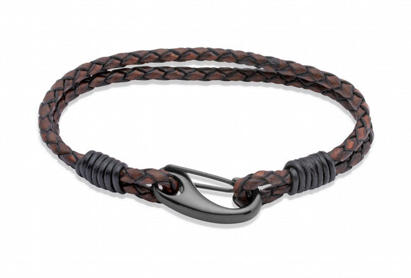 Unique & Co Mens Leather Wrap Bracelet in Antique Dark Brown with Steel Clasp