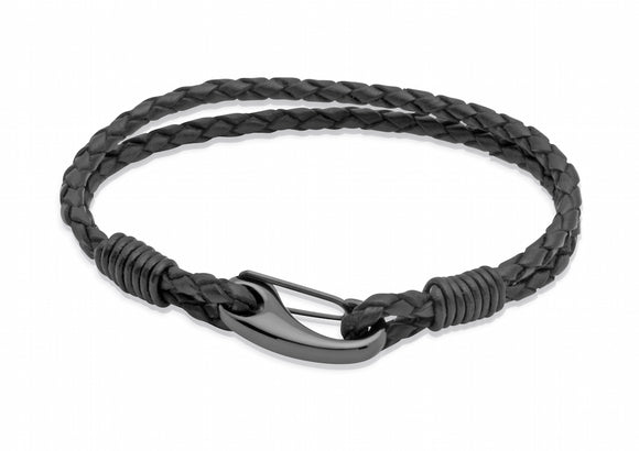 Unique & Co Mens Leather Wrap Bracelet in Black with Steel Clasp