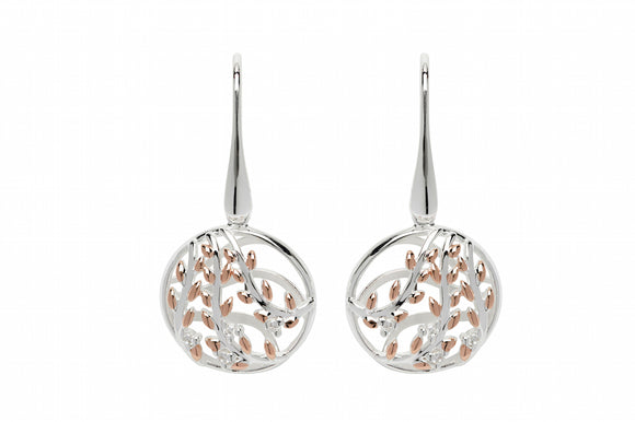 Unique & Co Sterling Silver & Rose Gold Detail Diamante Leaves Leaf Drop Dangle Earrings