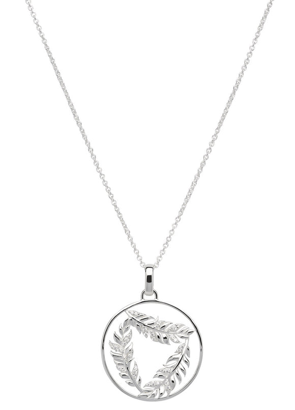 Unique & Co Sterling Silver Round Diamante Three Feather Pendant Necklace - ready