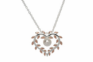 Unique & Co Sterling Silver & Rose Gold Love Heart Shaped Leaf Leaves Necklace With Freshwater Pearl