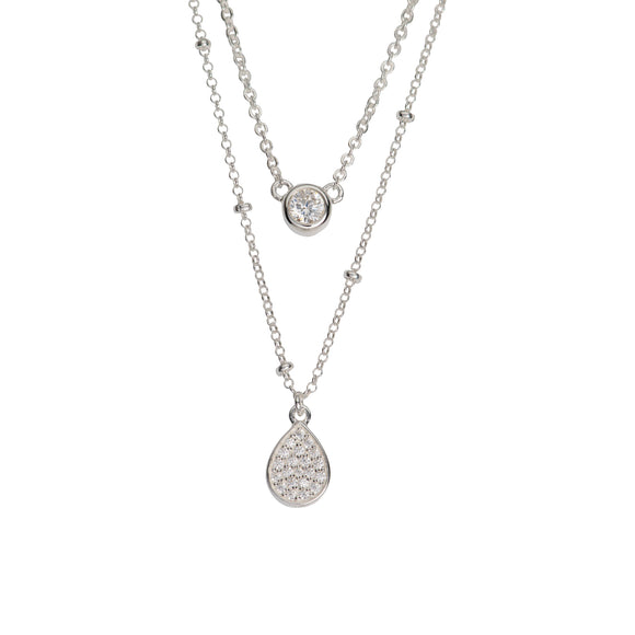 Unique & Co Sterling Silver Double Layered Diamonte & Droplet Pendant Necklace