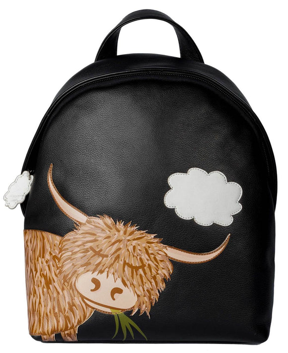 Mala Leather Black Leather Bella Scottish Highland Cow Coo Rucksack Backpack
