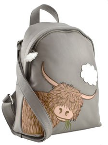 Mala Leather Grey 'Bella' Scottish Highland Cow Coo Rucksack Backpack