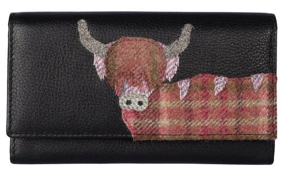 Mala Leather Black 'Angus' Scottish Highland Cow Coo Flap Over Purse Wallet With RFID Protection