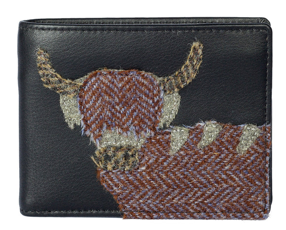 Mala Leather Black Angus Scottish Highland Cow Coo Mens Bi-Fold Wallet RFID Protected