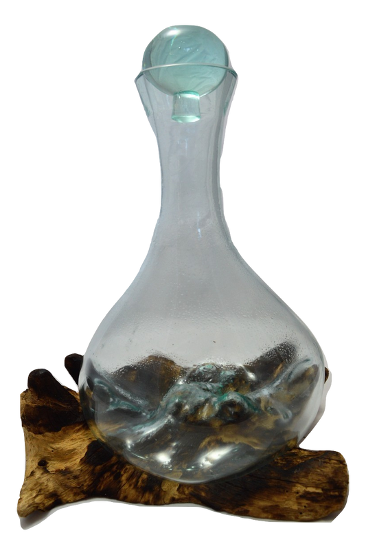 Glass Decanter & Stopper Teak Wood Base