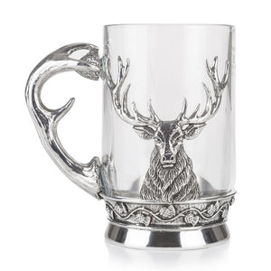 Stunning Pewter and Glass Pint Tankard Featuring Highland Stag