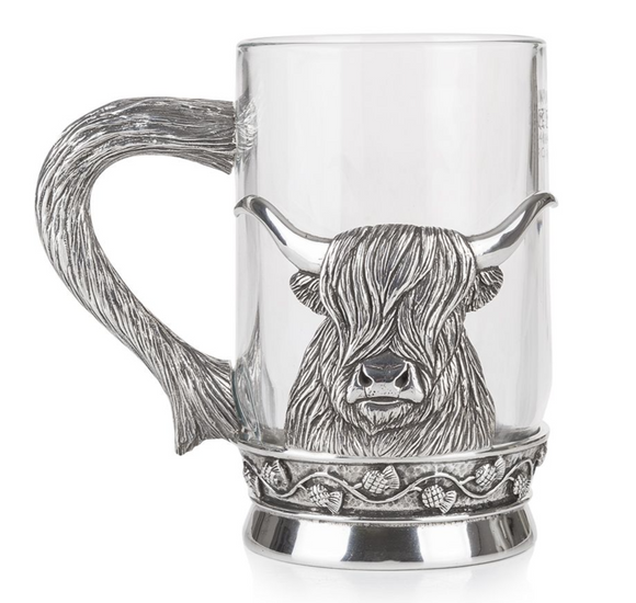 Stunning Pewter and Glass Pint Tankard featuring a Scottish Highland Cow Coo