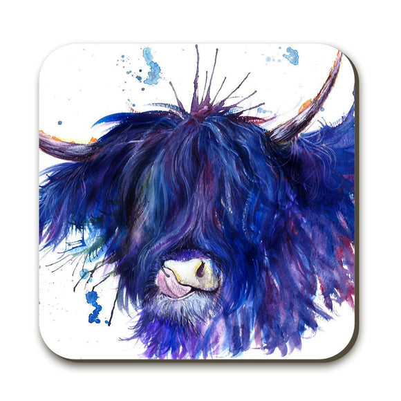 Wraptious Katherine Williams Blue Splatter Scottish Highland Cow Coo Coaster Table Mat
