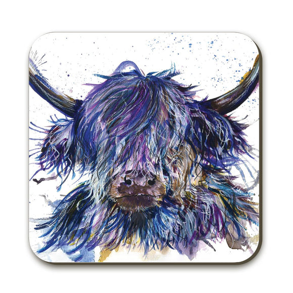 Wraptious Katherine Williams White Splatter Blue Scruffy Scottish Highland Cow Coo Coaster Table Mat