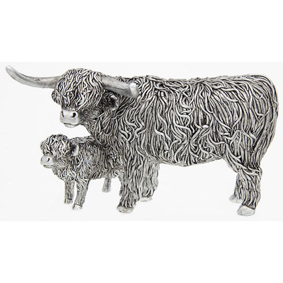 Small Silver Highland Cow Coo and Wee Calf Ornament Figurine