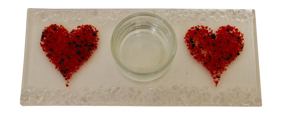 Jules Jules Hand Crafted Red Love Heart Fused Glass Rectangle Candle Tealight Holder Stand