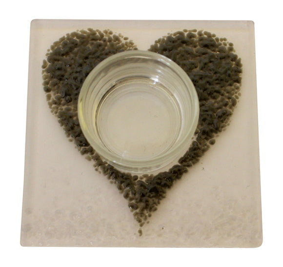 Jules Jules Hand Crafted Grey Love Heart Fused Glass Square Candle Tealight Holder Stand