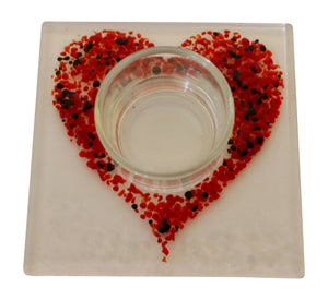 Jules Jules Hand Crafted Red Love Heart Fused Glass Square Candle Tealight Holder Stand