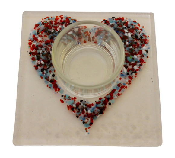 Jules Jules Hand Crafted Multi Colour Love Heart Fused Glass Square Candle Tealight Holder Stand