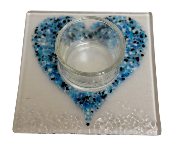Jules Jules Hand Crafted Blue Love Heart Fused Glass Square Candle Tealight Holder Stand