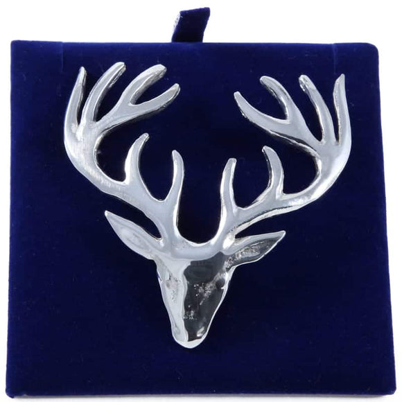 Large Polished Pewter Scottish Stag Head Plaid Sash Brooch - Made in Scotland