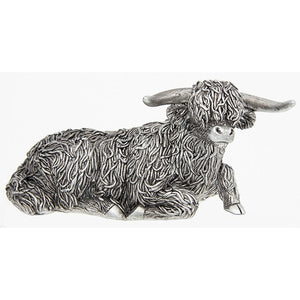 Small Silver Lying Highland Cow Coo Ornament Figurine