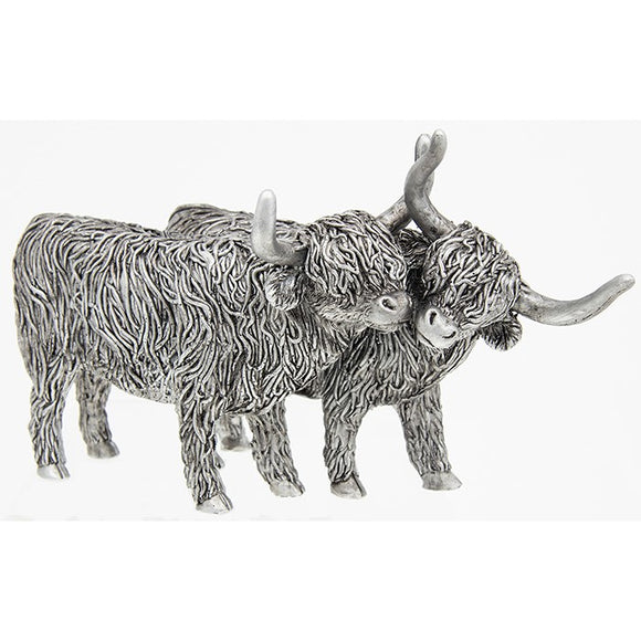 Large Silver Standing Highland Cow Coo Pair Ornament Figurine