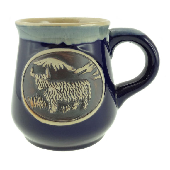 Blue Stoneware Piping Hot Mug Featuring A Highland Cow Coo