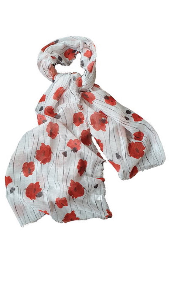 Alexander Thurlow Full Length White and Red Poppy Twilled Polyester Scarf