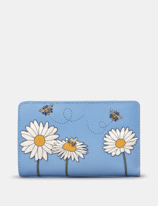 Yoshi Blue Leather Buzzy Bumble Bee Happy Leather Ladies Flap Over Zip Round Purse Wallet