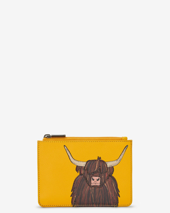 Yoshi Mustard Yellow Leather Scottish Highland Cow Coo RFID Protection Zip Top Purse Wallet