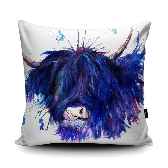 Wraptious Katherine Williams - Purple and Blue Splatter Highland Cow Vegan Suede Cushion