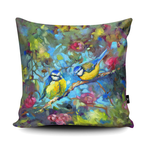 Wraptious Sue Gardner - Stunning Bluebirds and Blossom Vegan Suede Cushion