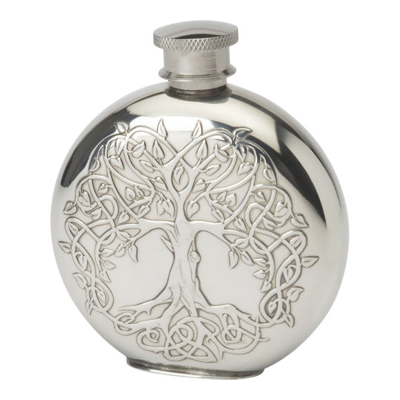 Stylish 4oz Round Tree Of Life Polished Pewter Handcast Bottle Pocket Hip Flask