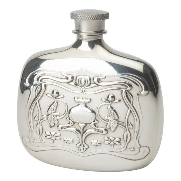 Stylish 4oz Square Art Nouveau Polished Pewter Handcast Bottle Pocket Hip Flask