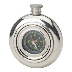 Stylish 6oz Round Working Compass Polished Pewter Handcast Bottle Pocket Hip Flask