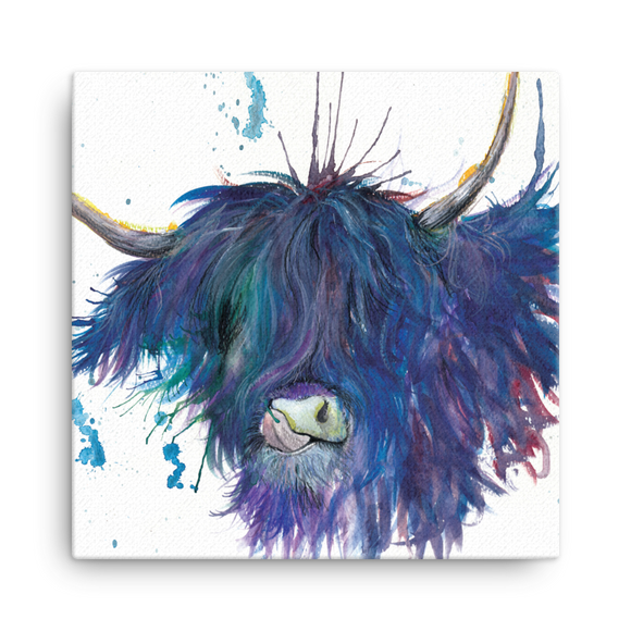 Wraptious Katherine Williams Blue Splatter Highland Cow Coo Mini Canvas