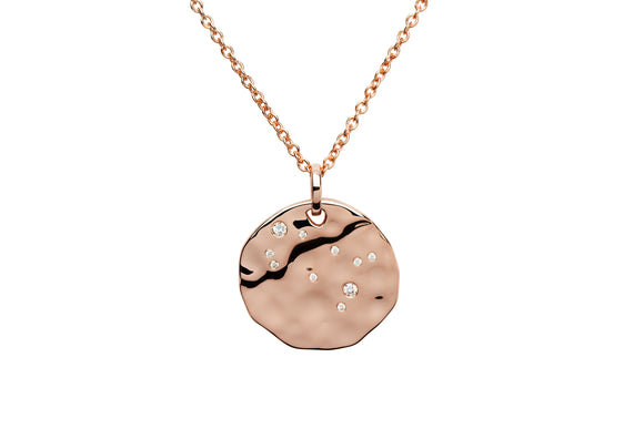 Unique & Co Hammered Sterling Silver Rose Gold & Cubic Zirconia Zodiac Constellation Gemini Birthday Necklace Pendant