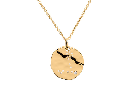 Unique & Co Hammered 18 Carat Gold & Cubic Zirconia Zodiac Constellation Pisces Birthday Necklace Pendant