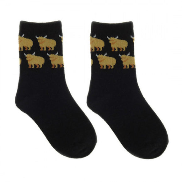 Pair of Kids Highland Cow on Black Socks - High Cotton Content