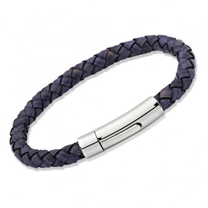 Unique & Co Mens Twisted Dark Blue Leather Bracelet with Polished Stainless Steel Clasp