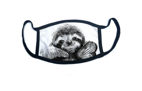 Wraptious Bex Williams Black and White Smiling Sloth Adult Face Mask