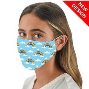 Snoozies! Blue Rainbow & Cloud Print Adult Adjustable Washable Reusable Face Mask Covering