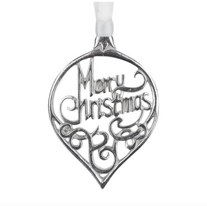 Stunning Polished Pewter Silver Christmas Tree Decoration Hanger Bauble Merry Christmas