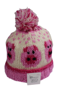 Sustainable Fair Trade Kids Piggy Natural Wool Bobble Beanie Hat