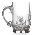 Stunning Pewter and Glass Pint Tankard featuring a Viking And Longship With Serpent Handle