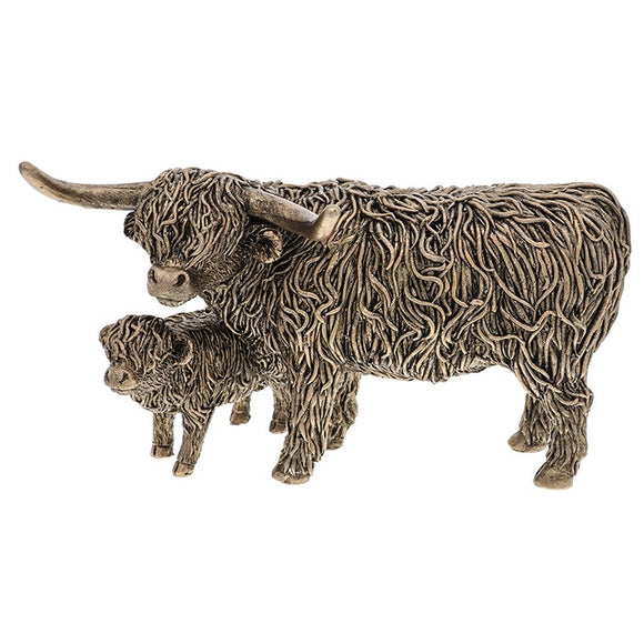 Bronze Highland Cow Coo and Wee Calf Ornament Figurine