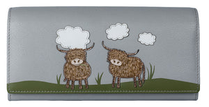 Mala Leather Grey 'Bella' Scottish Highland Cow Coo Flap Over Purse Wallet With RFID Protection