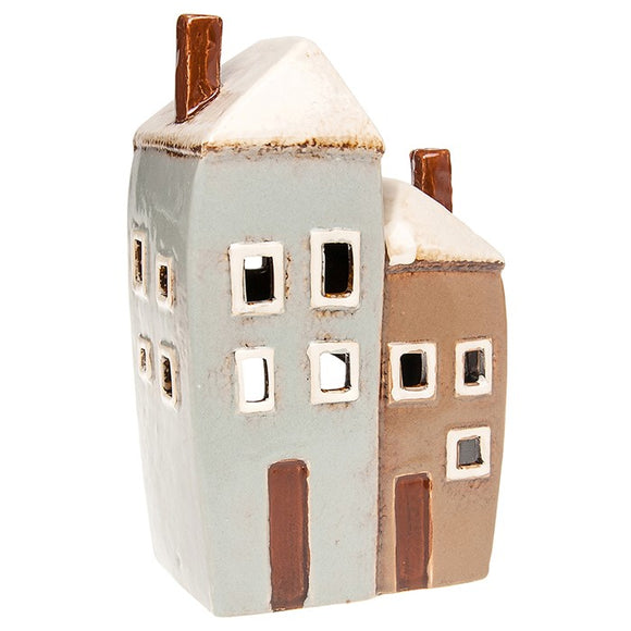 Village Pottery Ceramic Grey Beige Two Houses Tealight Candle Holder