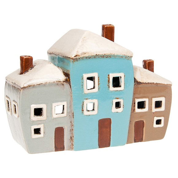 Village Pottery Ceramic Blue Grey Beige Three Houses Tealight Candle Holder