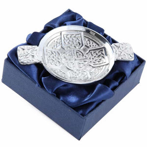 Mini Celtic Cross and Eternal Life Knot Design Scottish Pewter Toasting Bowl Quaich