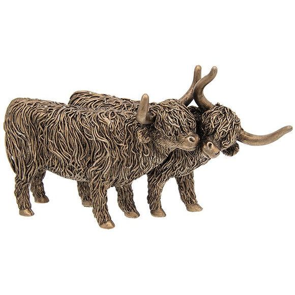 Small Bronze Standing Highland Cow Coo Pair Ornament Figurine